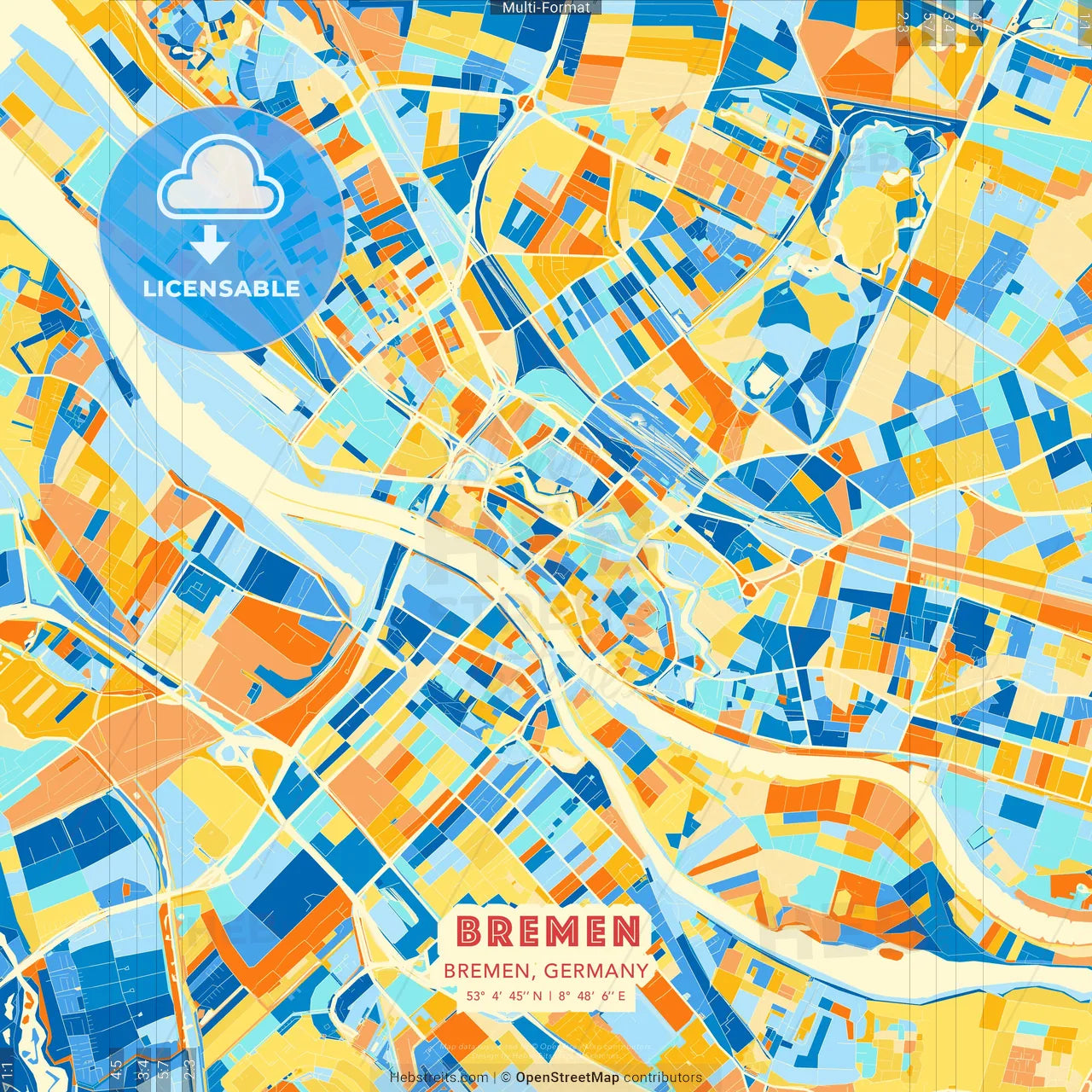 Bremen, Bremen, Germany blue and orange vector art map template
