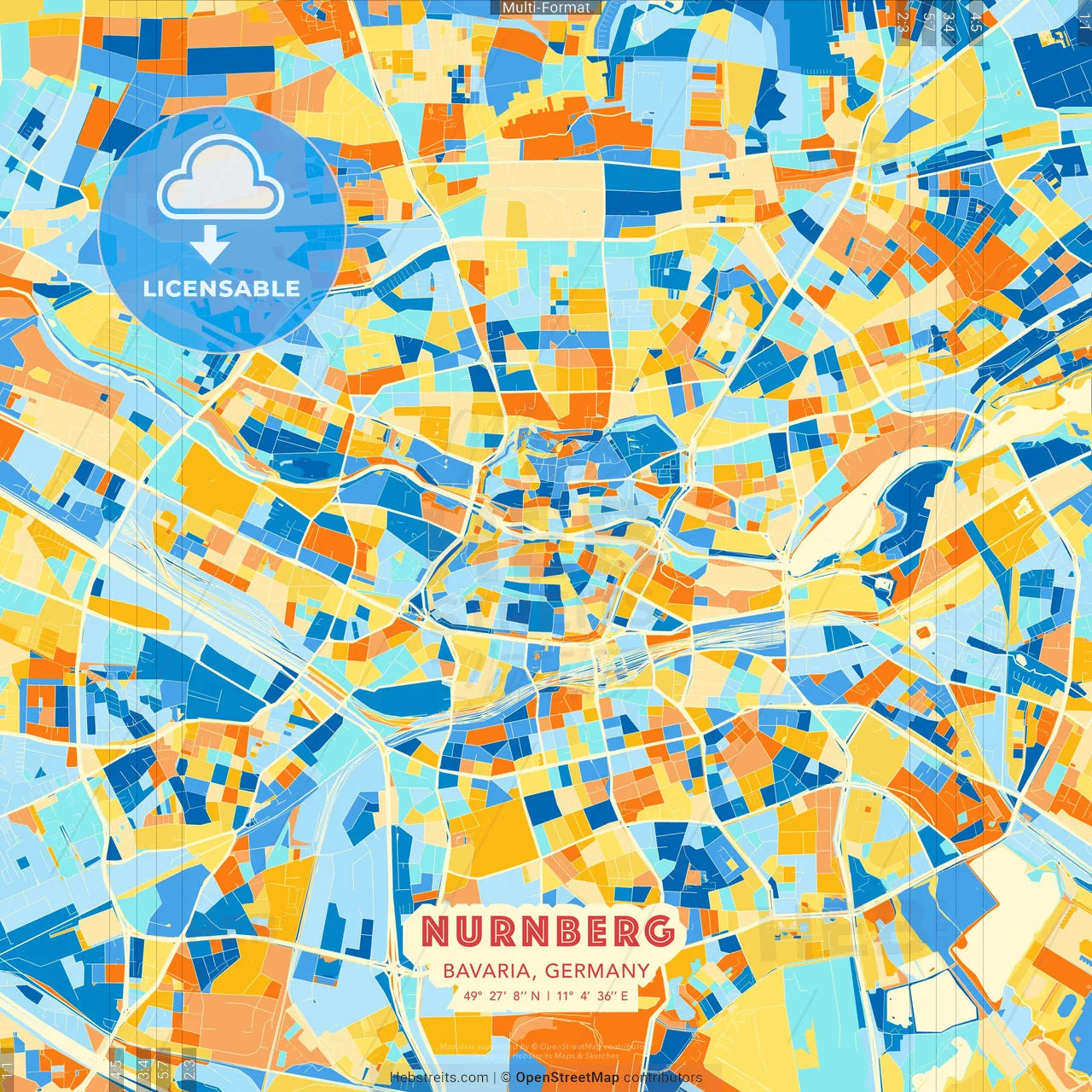 Nurnberg, Bavaria, Germany blue and orange vector art map template