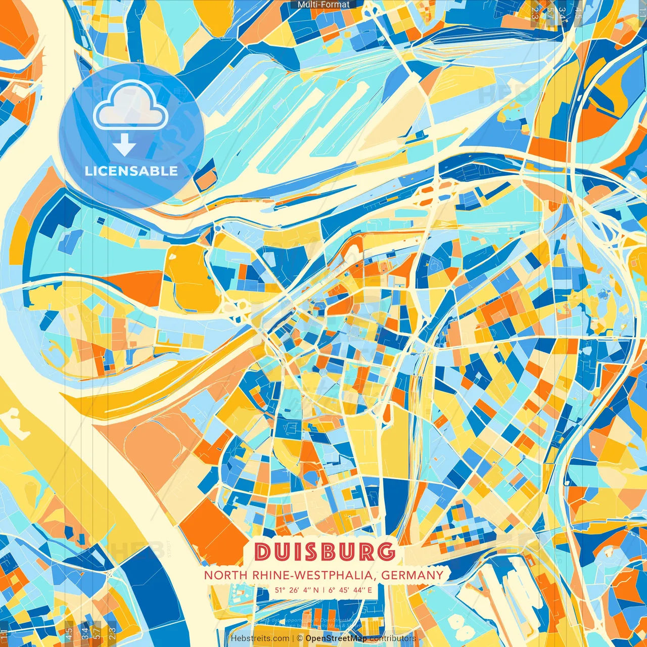 Duisburg, North Rhine-Westphalia, Germany blue and orange vector art map template