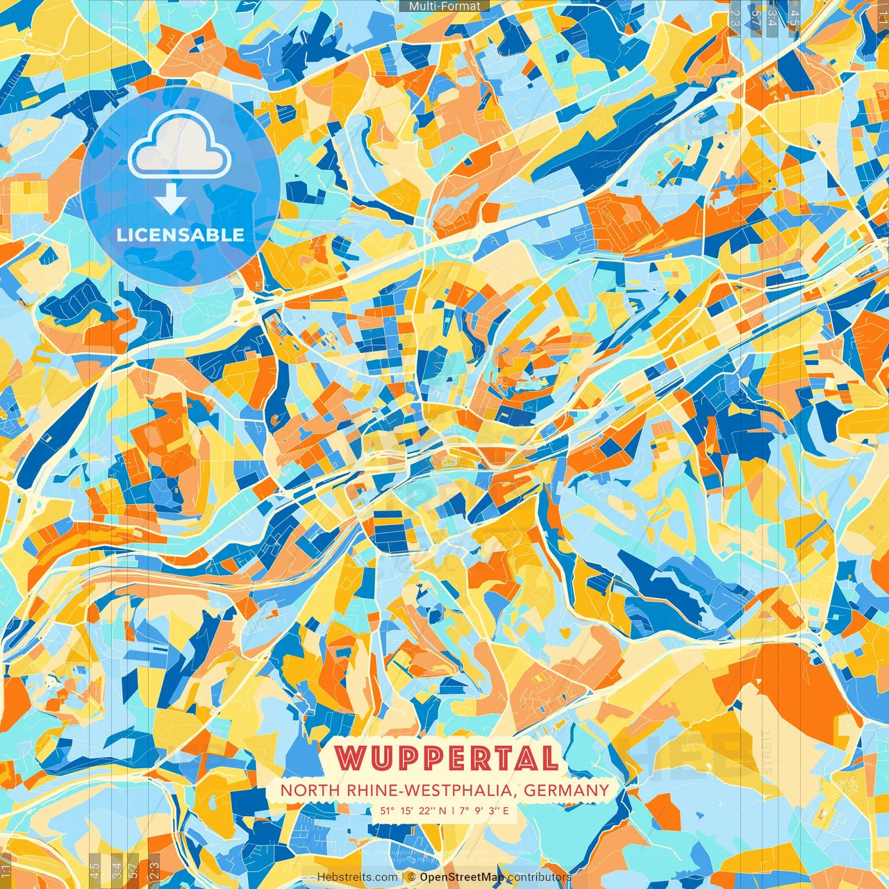 Wuppertal, North Rhine-Westphalia, Germany blue and orange vector art map template