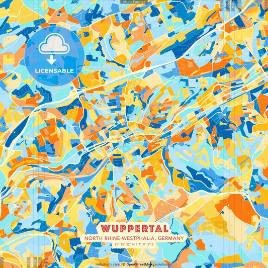 Wuppertal, North Rhine-Westphalia, Germany blue and orange vector art map template
