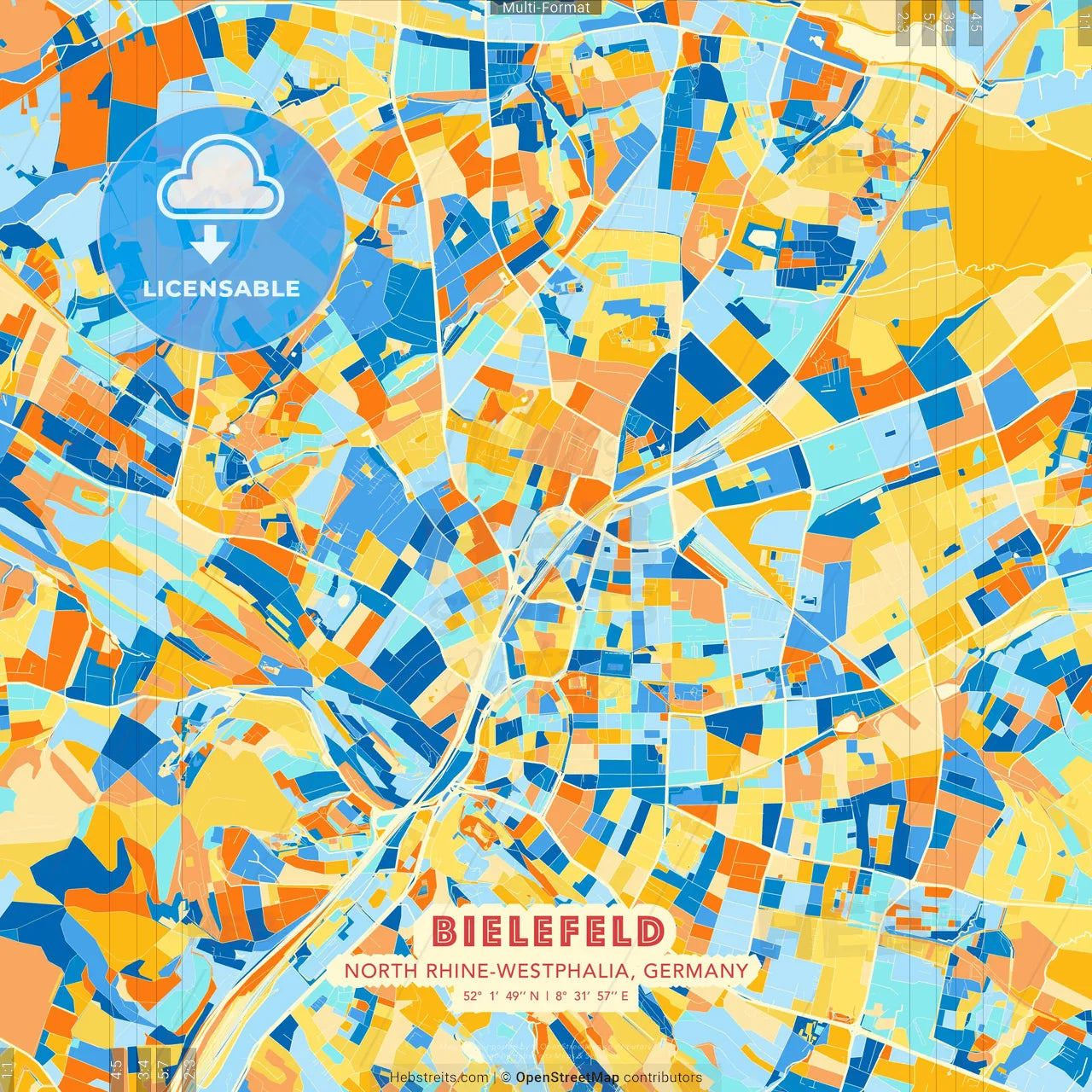 Bielefeld, North Rhine-Westphalia, Germany blue and orange vector art map template