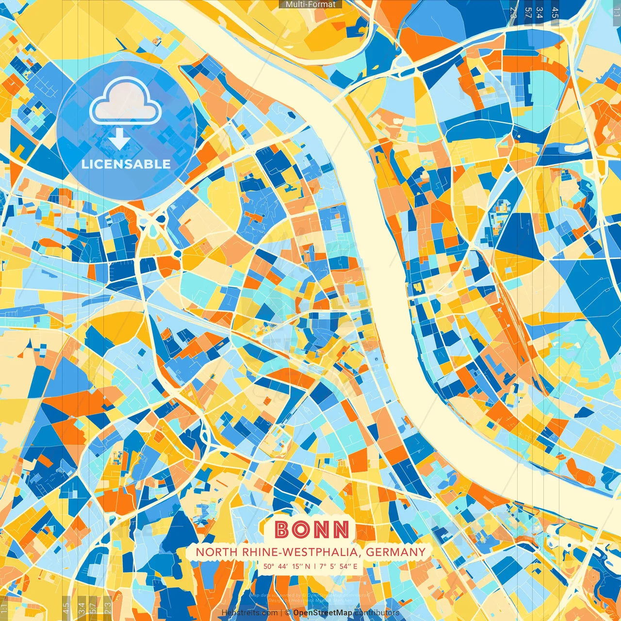 Bonn, North Rhine-Westphalia, Germany blue and orange vector art map template