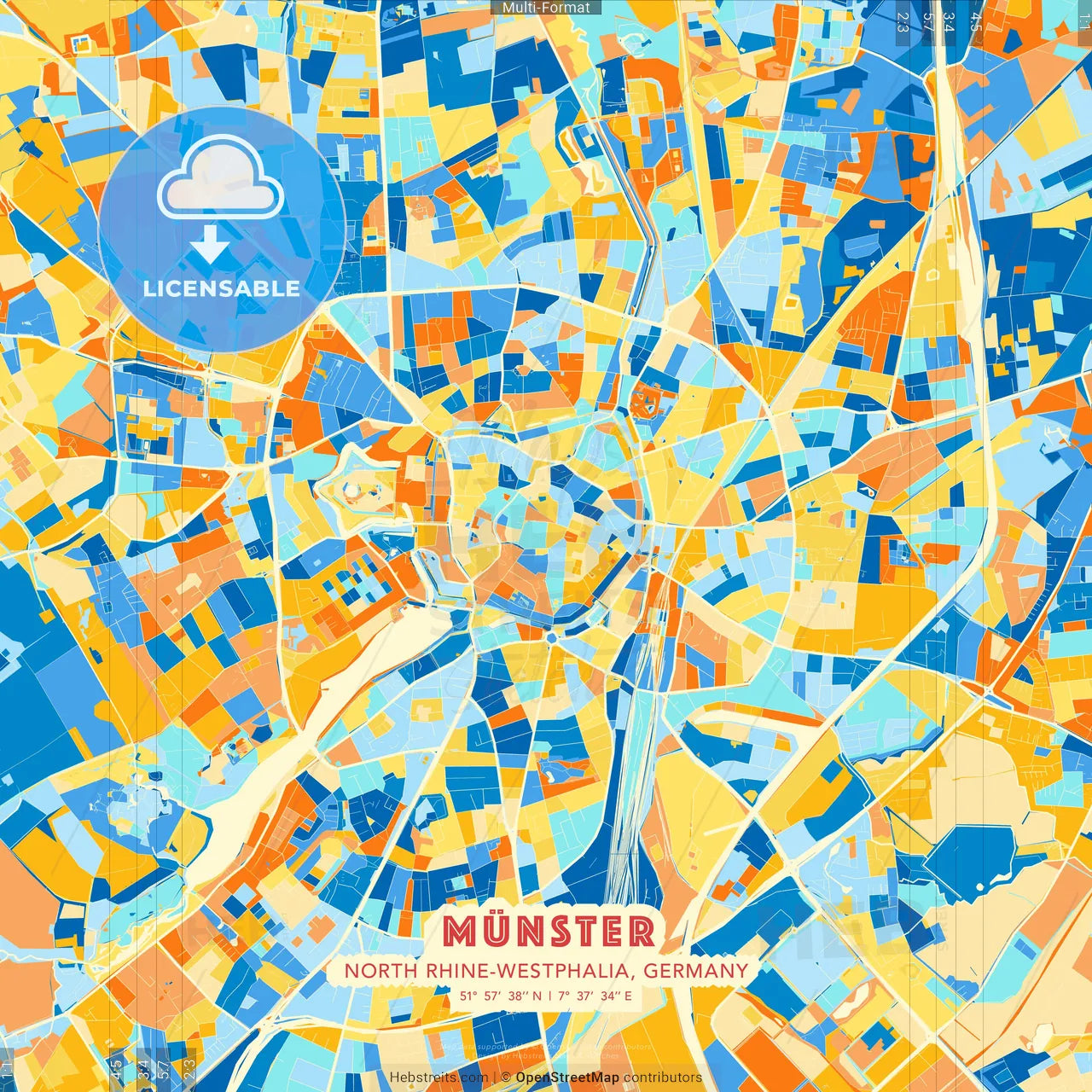 Münster, North Rhine-Westphalia, Germany blue and orange vector art map template