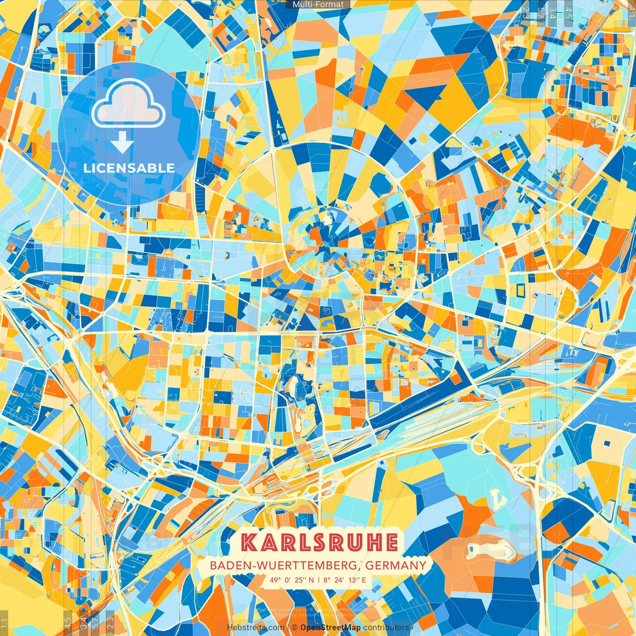 Karlsruhe, Baden-Wuerttemberg, Germany blue and orange vector art map template