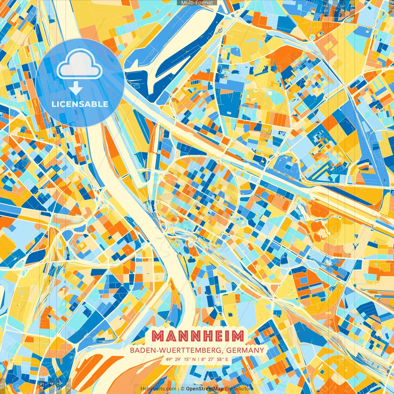 Mannheim, Baden-Wuerttemberg, Germany blue and orange vector art map template