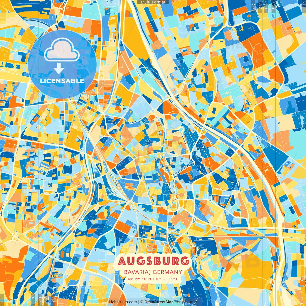 Augsburg, Bavaria, Germany blue and orange vector art map template