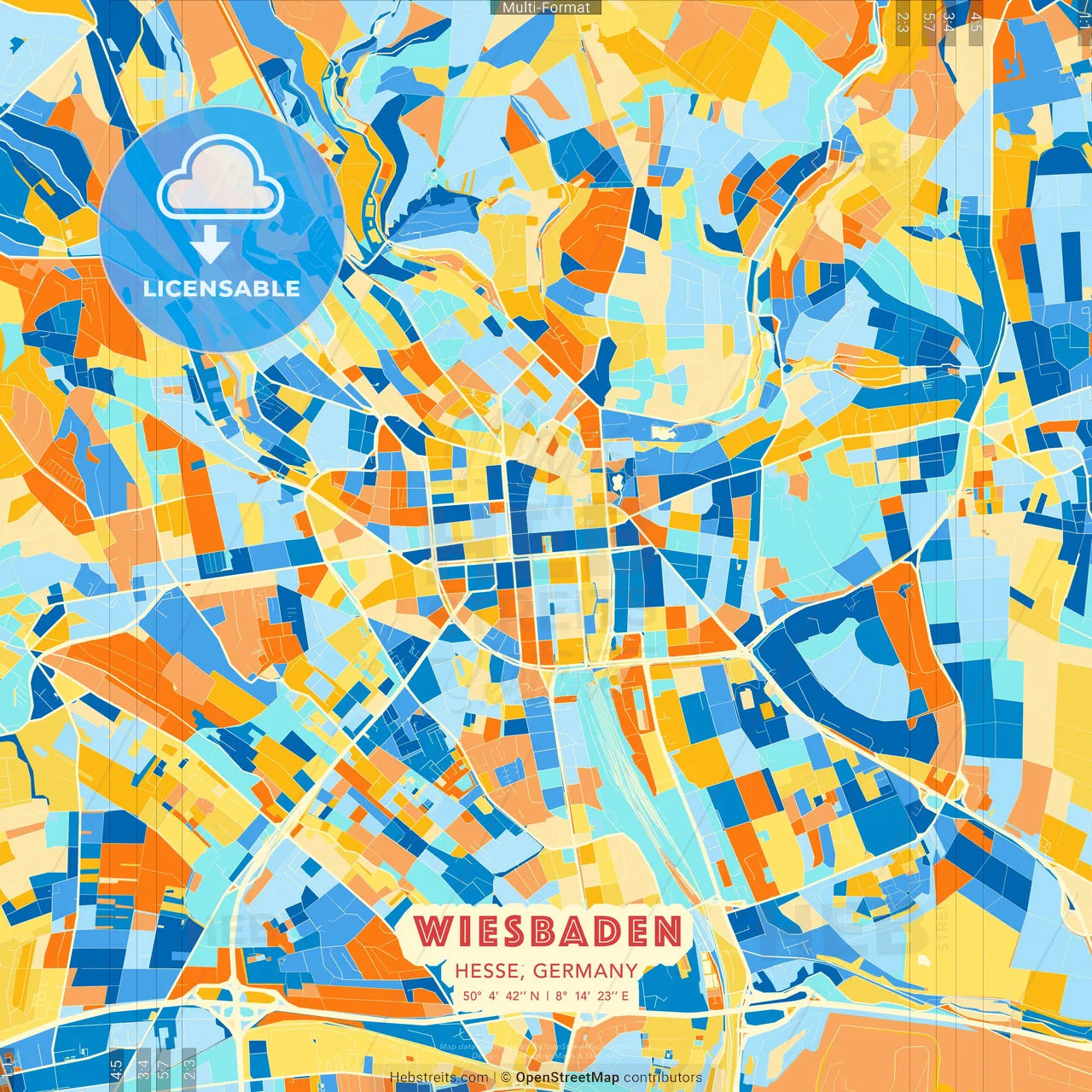 Wiesbaden, Hesse, Germany blue and orange vector art map template