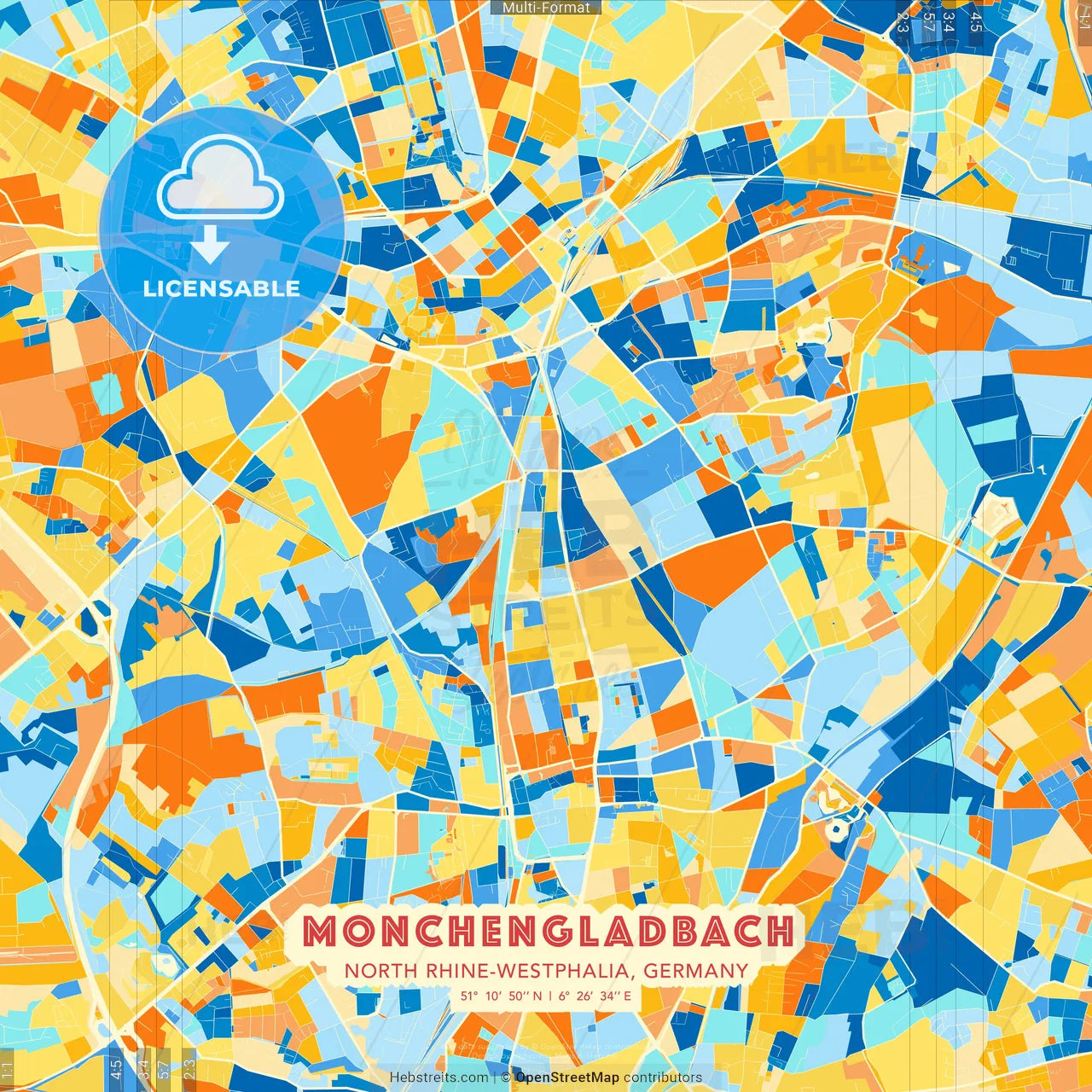 Monchengladbach, North Rhine-Westphalia, Germany blue and orange vector art map template