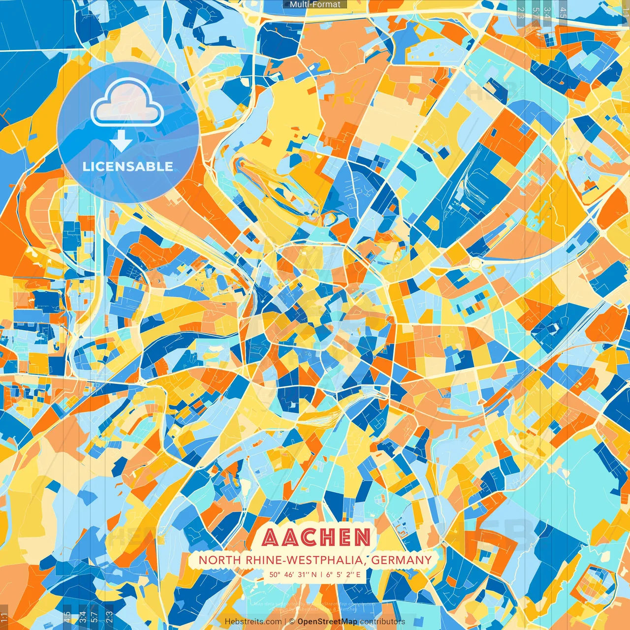 Aachen, North Rhine-Westphalia, Germany blue and orange vector art map template