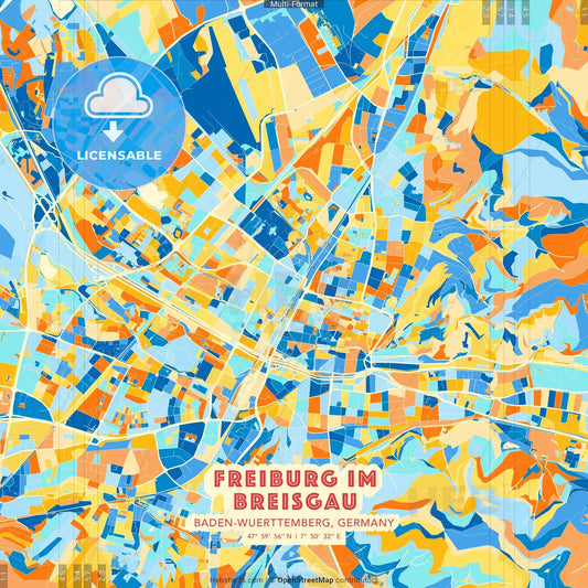 Freiburg im Breisgau, Baden-Wuerttemberg, Germany blue and orange vector art map template