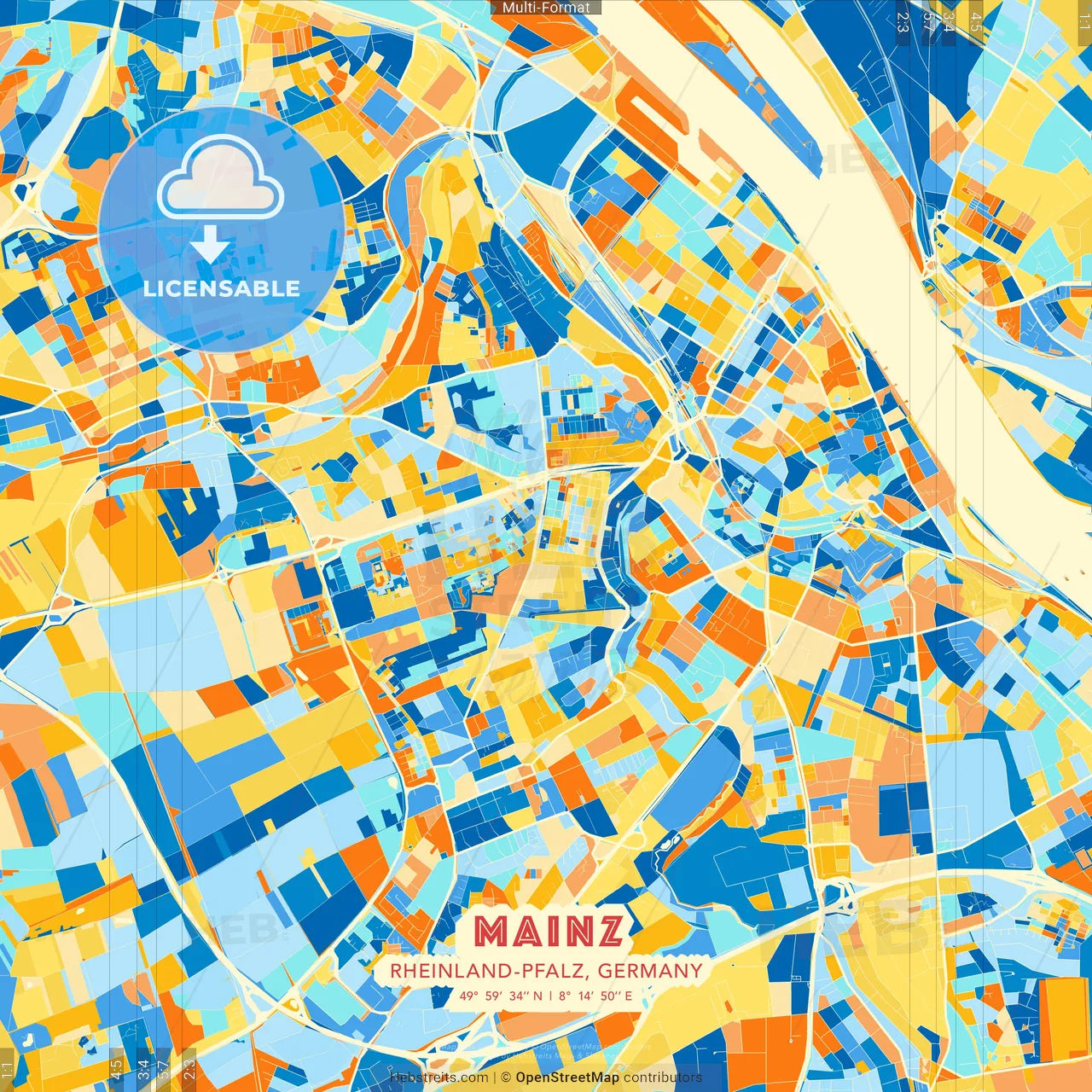 Mainz, Rheinland-Pfalz, Germany blue and orange vector art map template