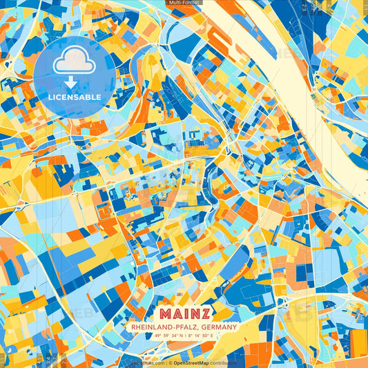 Mainz, Rheinland-Pfalz, Germany blue and orange vector art map template