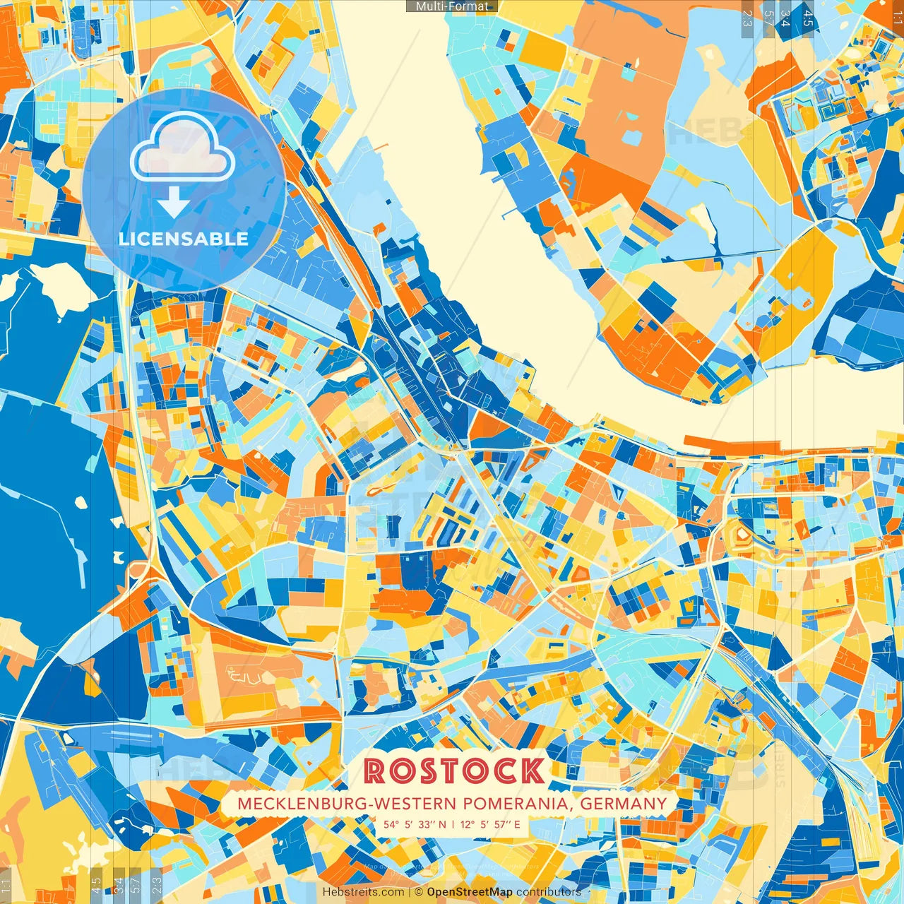 Rostock, Mecklenburg-Western Pomerania, Germany blue and orange vector art map template