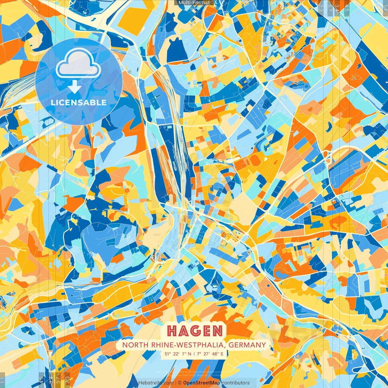 Hagen, North Rhine-Westphalia, Germany blue and orange vector art map template