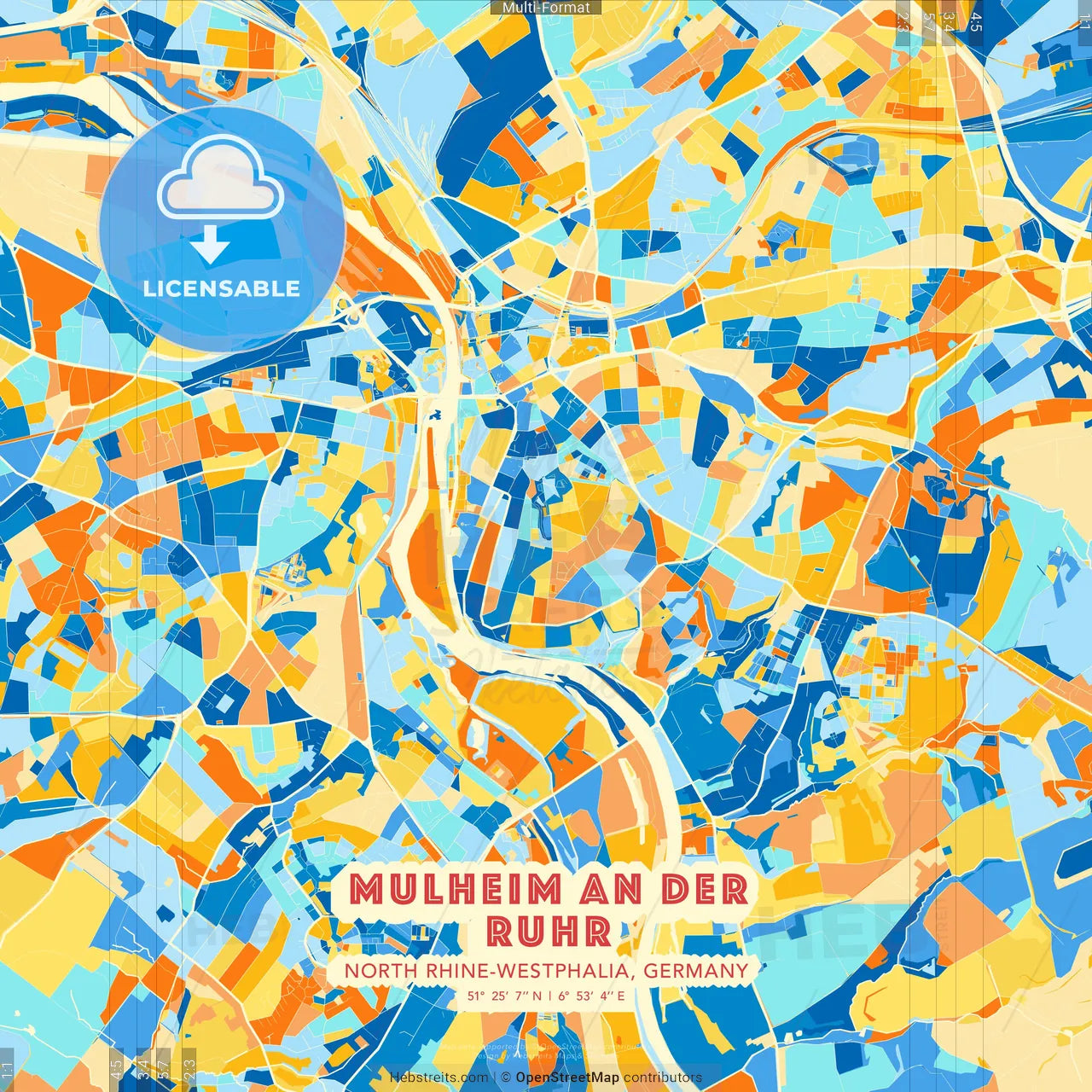 Mulheim an der Ruhr, North Rhine-Westphalia, Germany blue and orange vector art map template