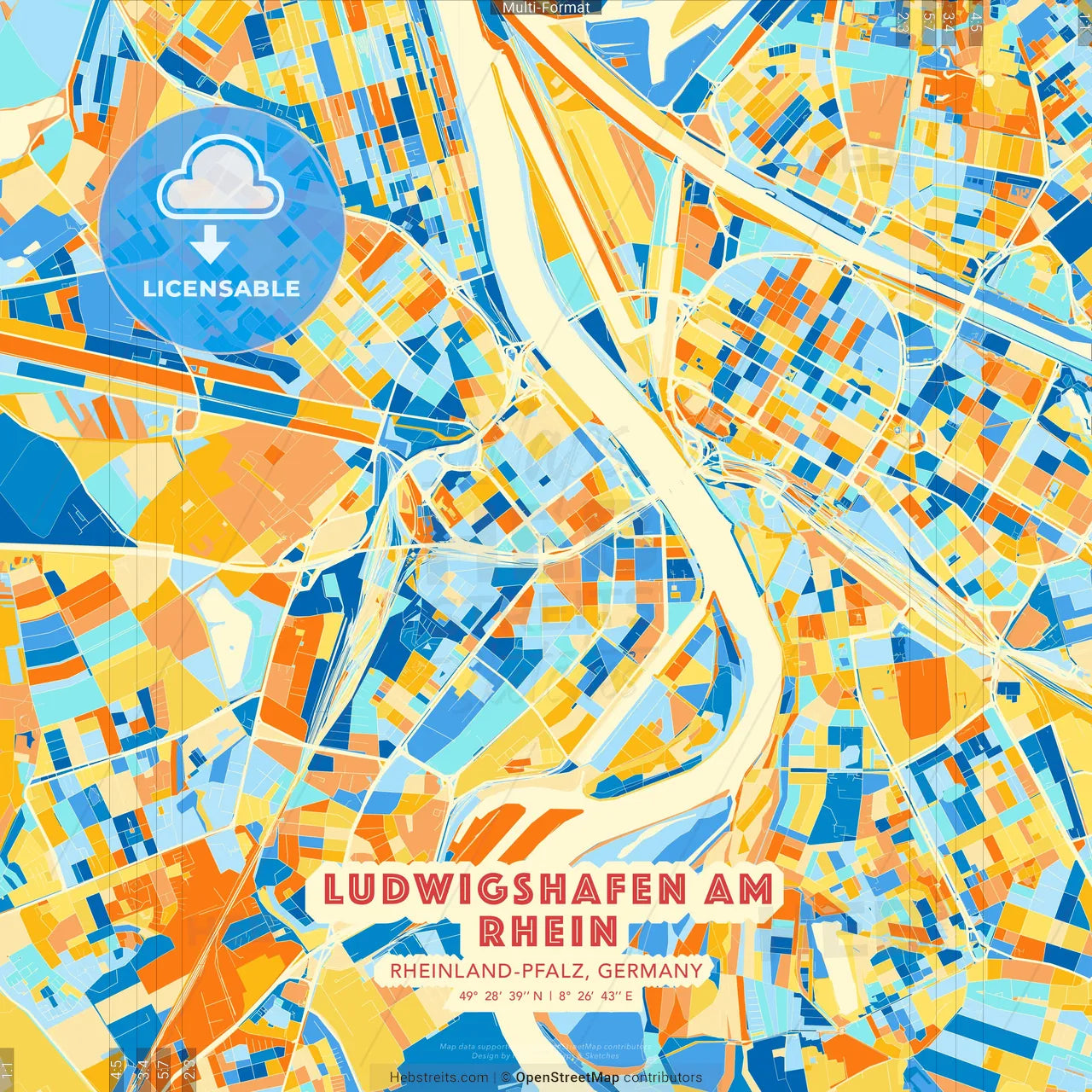 Ludwigshafen am Rhein, Rheinland-Pfalz, Germany blue and orange vector art map template