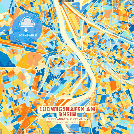 Ludwigshafen am Rhein, Rheinland-Pfalz, Germany blue and orange vector art map template
