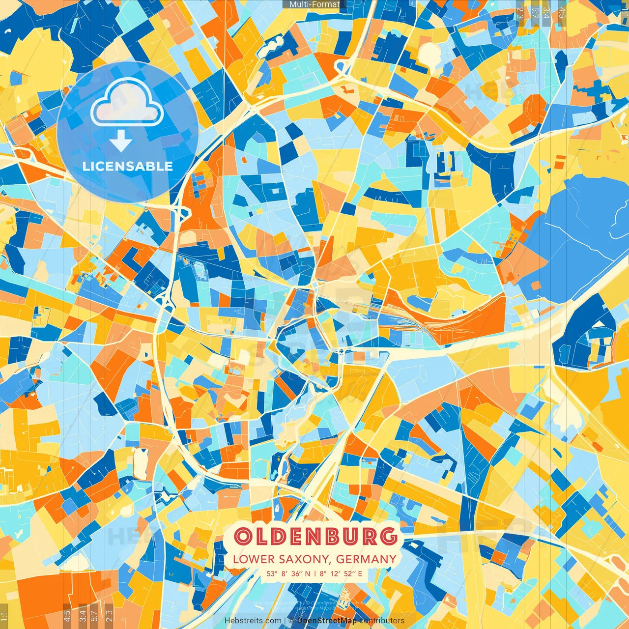 Oldenburg, Lower Saxony, Germany blue and orange vector art map template