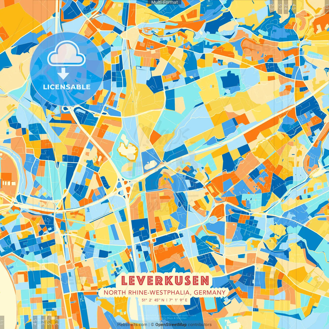 Leverkusen, North Rhine-Westphalia, Germany blue and orange vector art map template