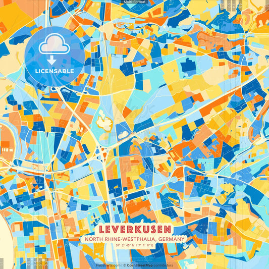 Leverkusen, North Rhine-Westphalia, Germany blue and orange vector art map template