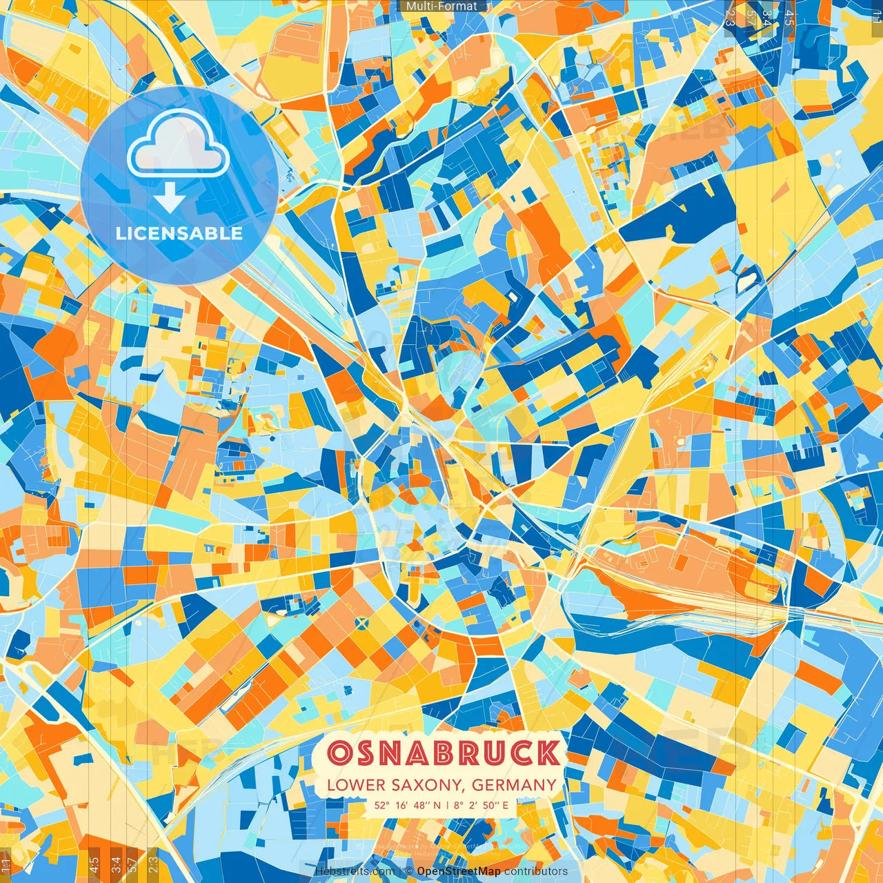 Osnabruck, Lower Saxony, Germany blue and orange vector art map template