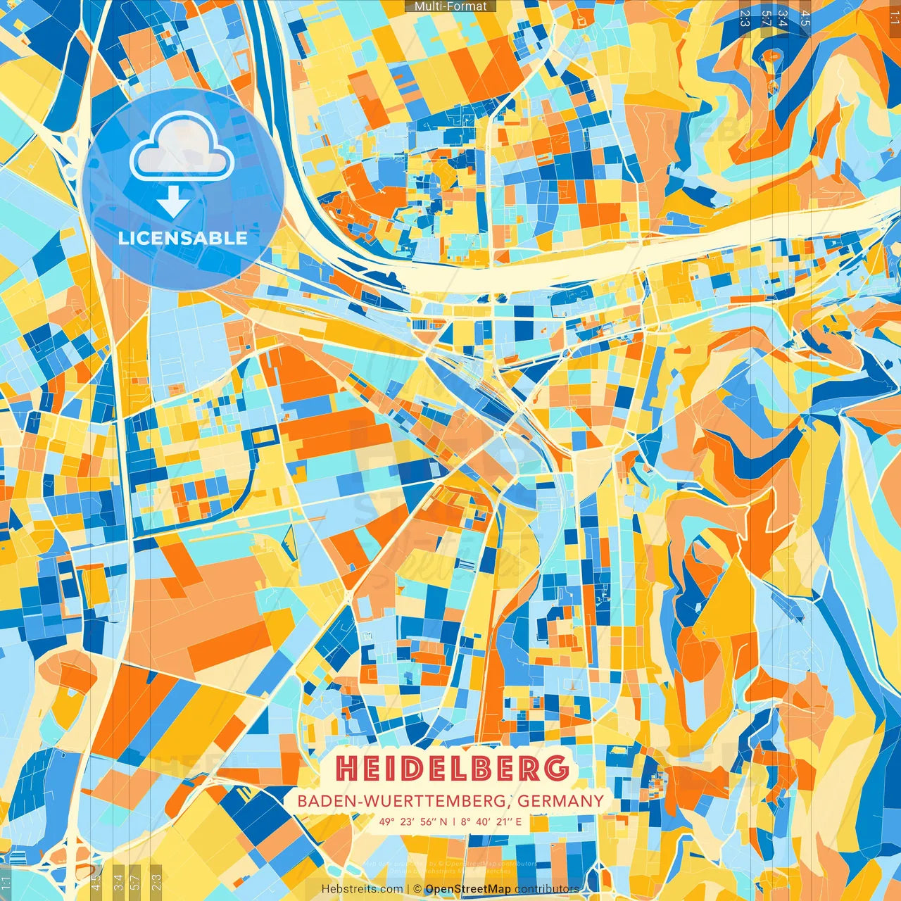 Heidelberg, Baden-Wuerttemberg, Germany blue and orange vector art map template