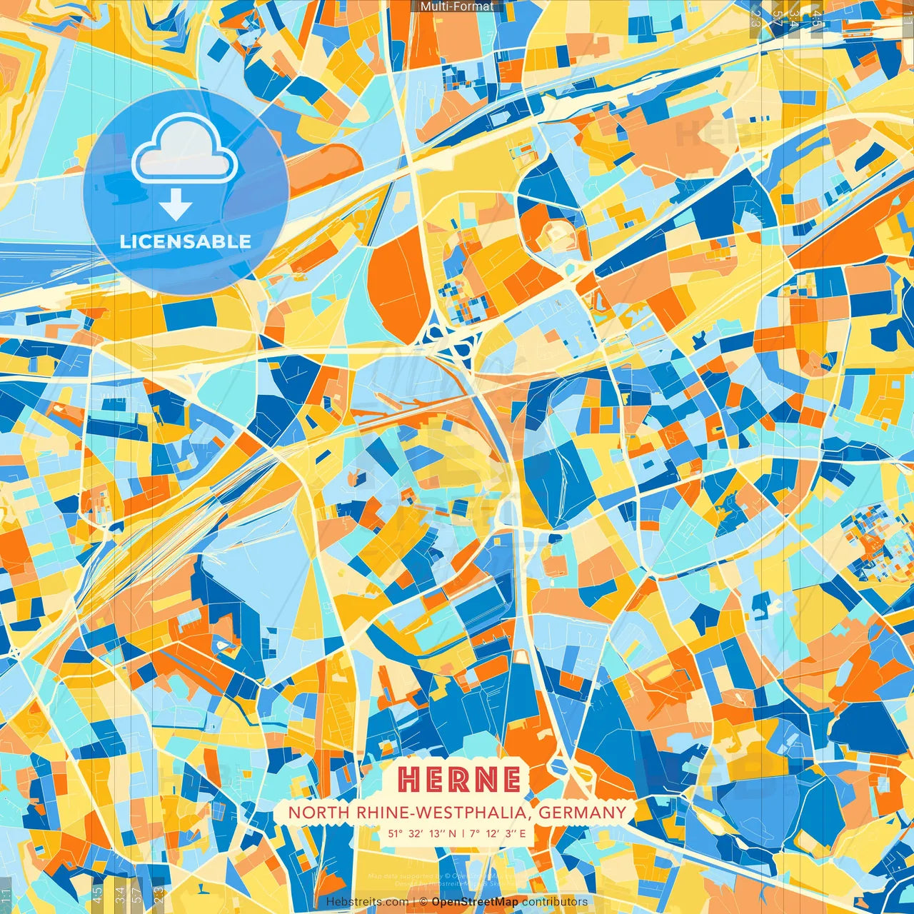 Herne, North Rhine-Westphalia, Germany blue and orange vector art map template