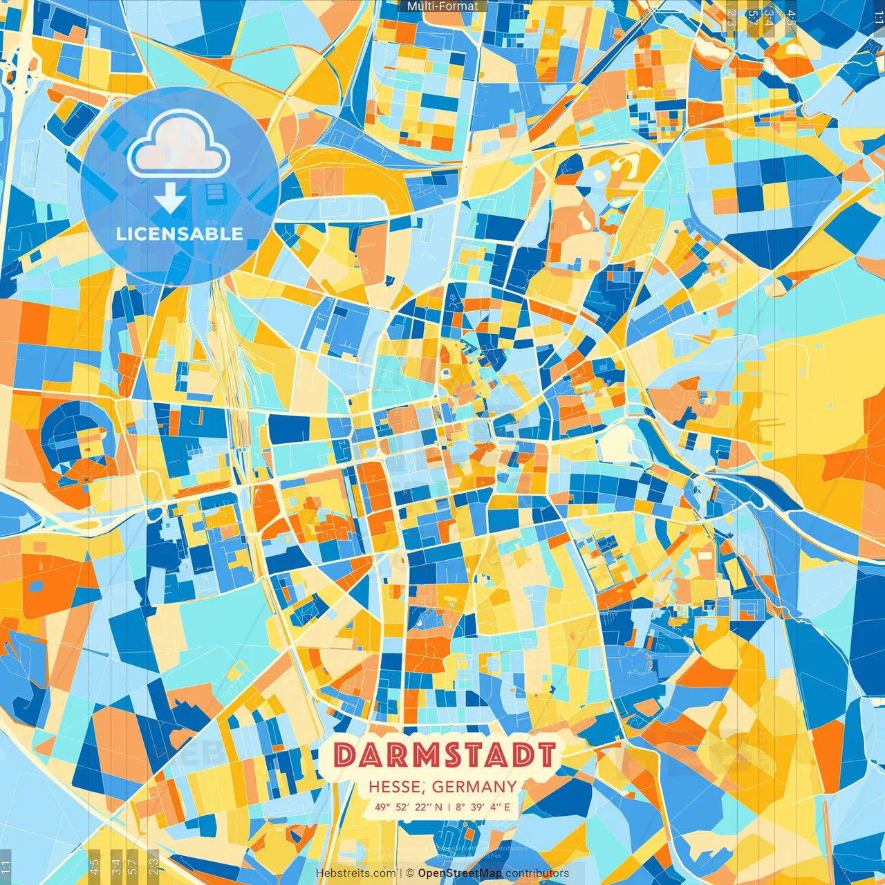 Darmstadt, Hesse, Germany blue and orange vector art map template