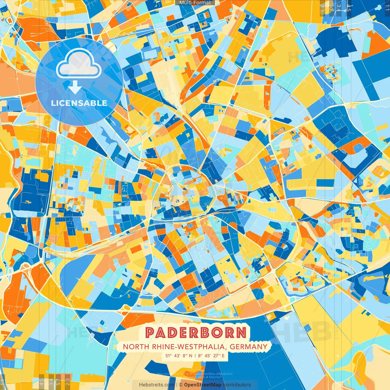 Paderborn, North Rhine-Westphalia, Germany blue and orange vector art map template