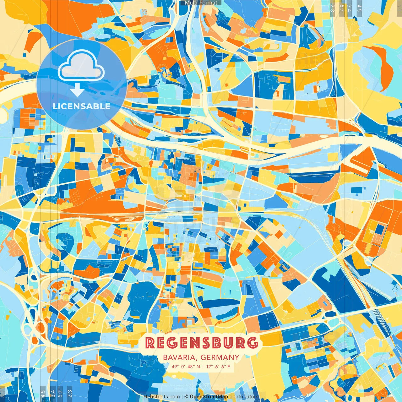 Regensburg, Bavaria, Germany blue and orange vector art map template