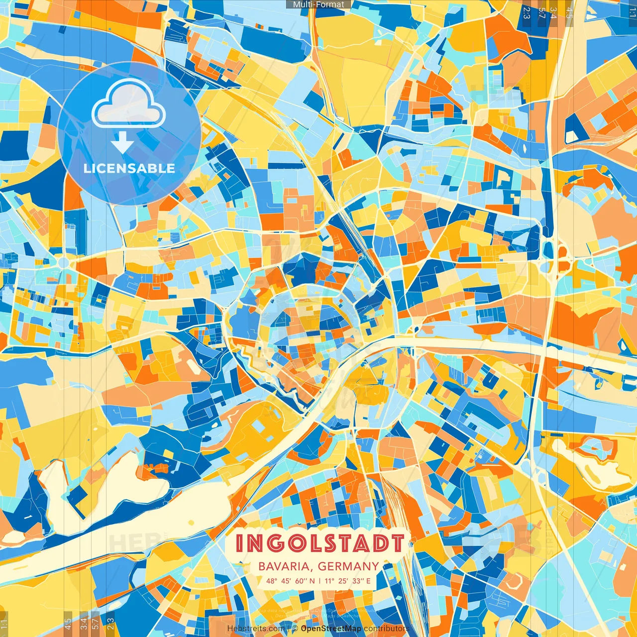 Ingolstadt, Bavaria, Germany blue and orange vector art map template