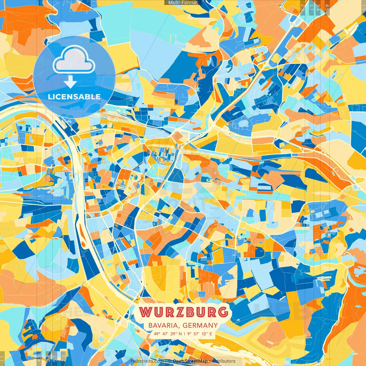 Wurzburg, Bavaria, Germany blue and orange vector art map template