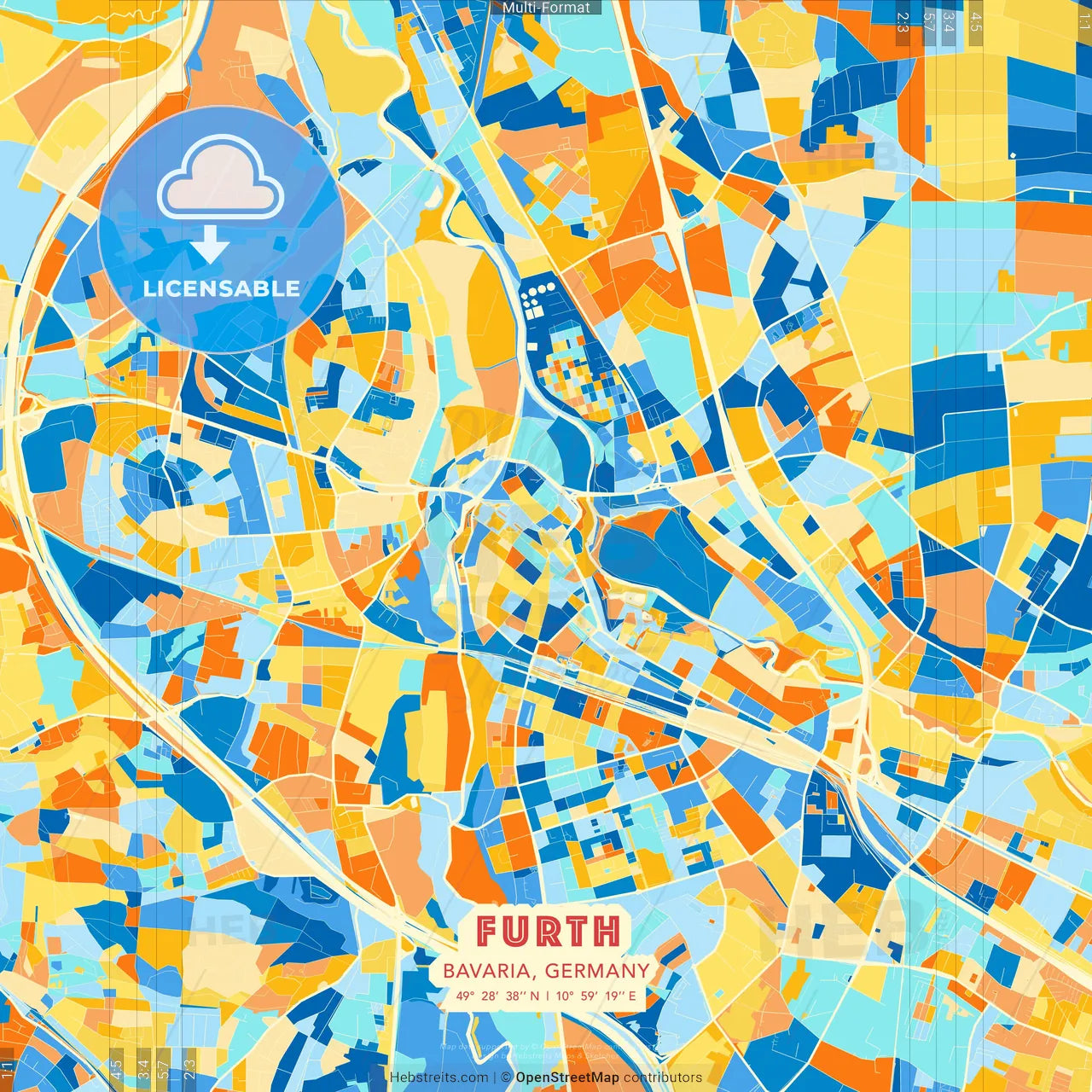 Furth, Bavaria, Germany blue and orange vector art map template