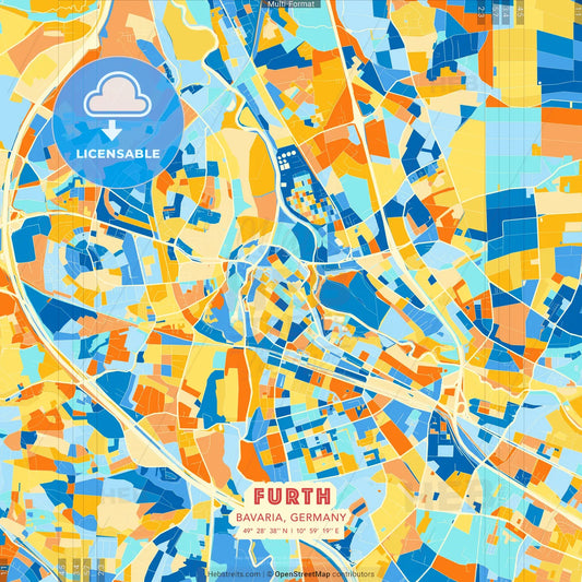 Furth, Bavaria, Germany blue and orange vector art map template