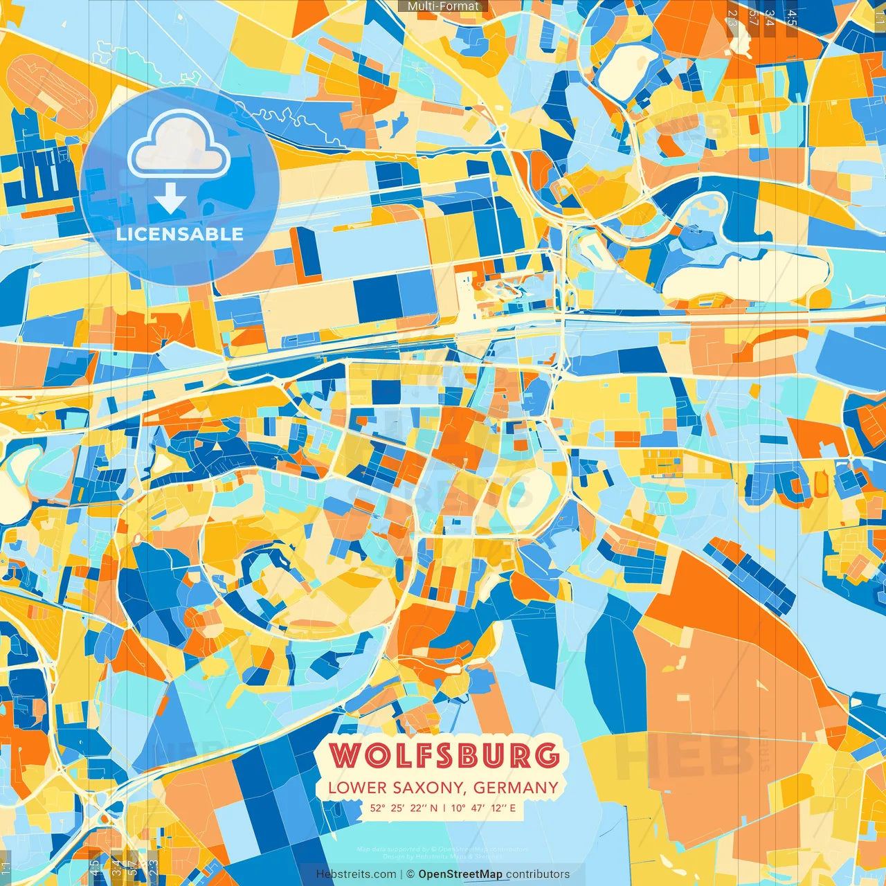 Wolfsburg, Lower Saxony, Germany blue and orange vector art map template