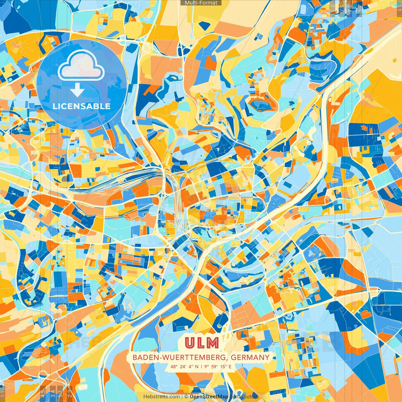 Ulm, Baden-Wuerttemberg, Germany blue and orange vector art map template