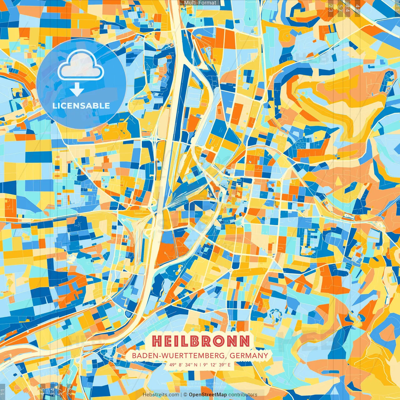Heilbronn, Baden-Wuerttemberg, Germany blue and orange vector art map template