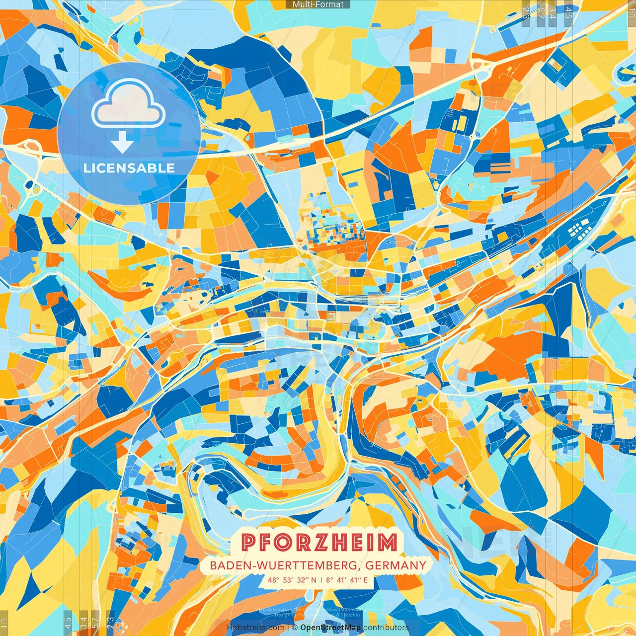 Pforzheim, Baden-Wuerttemberg, Germany blue and orange vector art map template