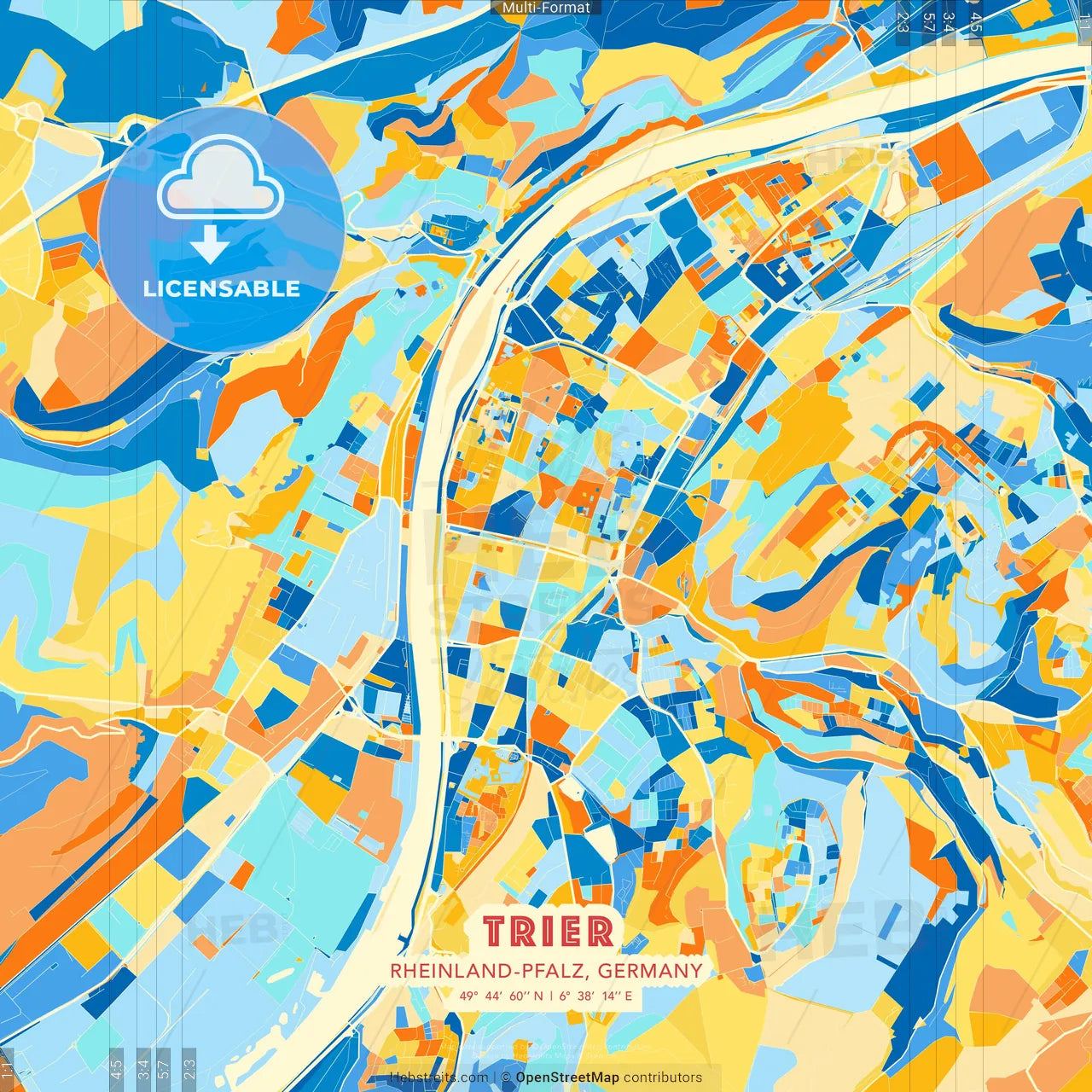 Trier, Rheinland-Pfalz, Germany blue and orange vector art map template