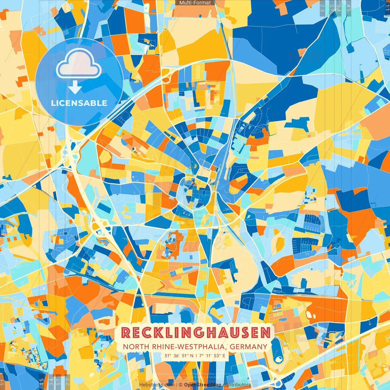 Recklinghausen, North Rhine-Westphalia, Germany blue and orange vector art map template