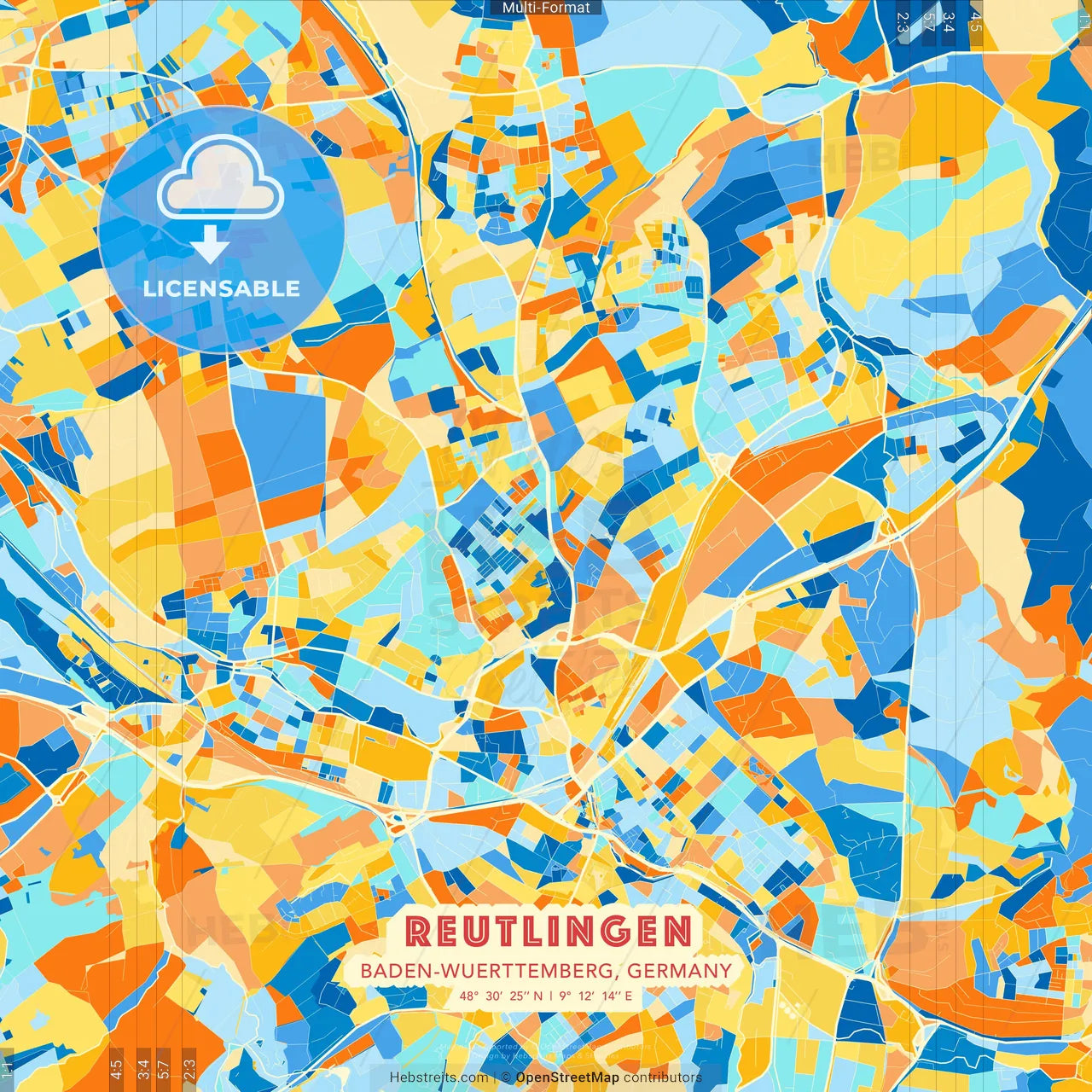 Reutlingen, Baden-Wuerttemberg, Germany blue and orange vector art map template