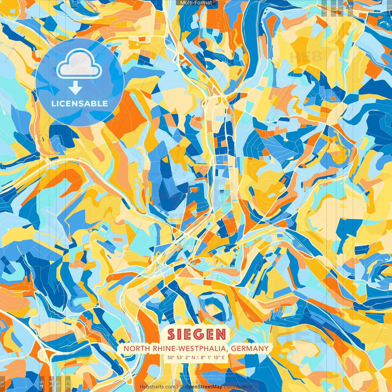 Siegen, North Rhine-Westphalia, Germany blue and orange vector art map template