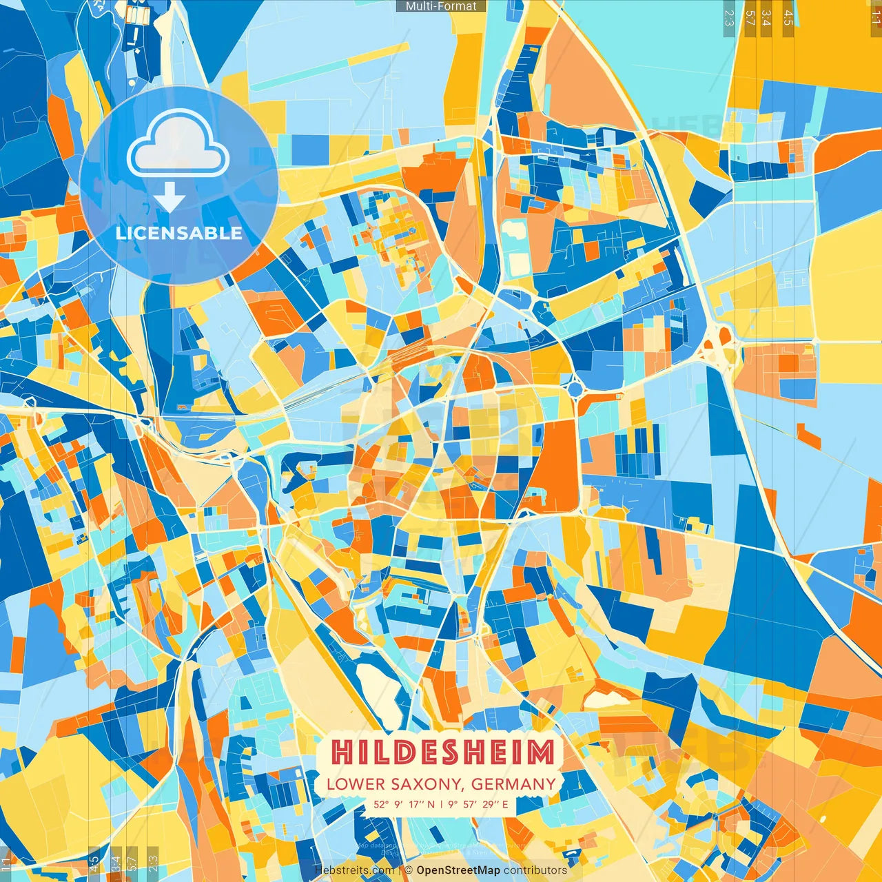 Hildesheim, Lower Saxony, Germany blue and orange vector art map template