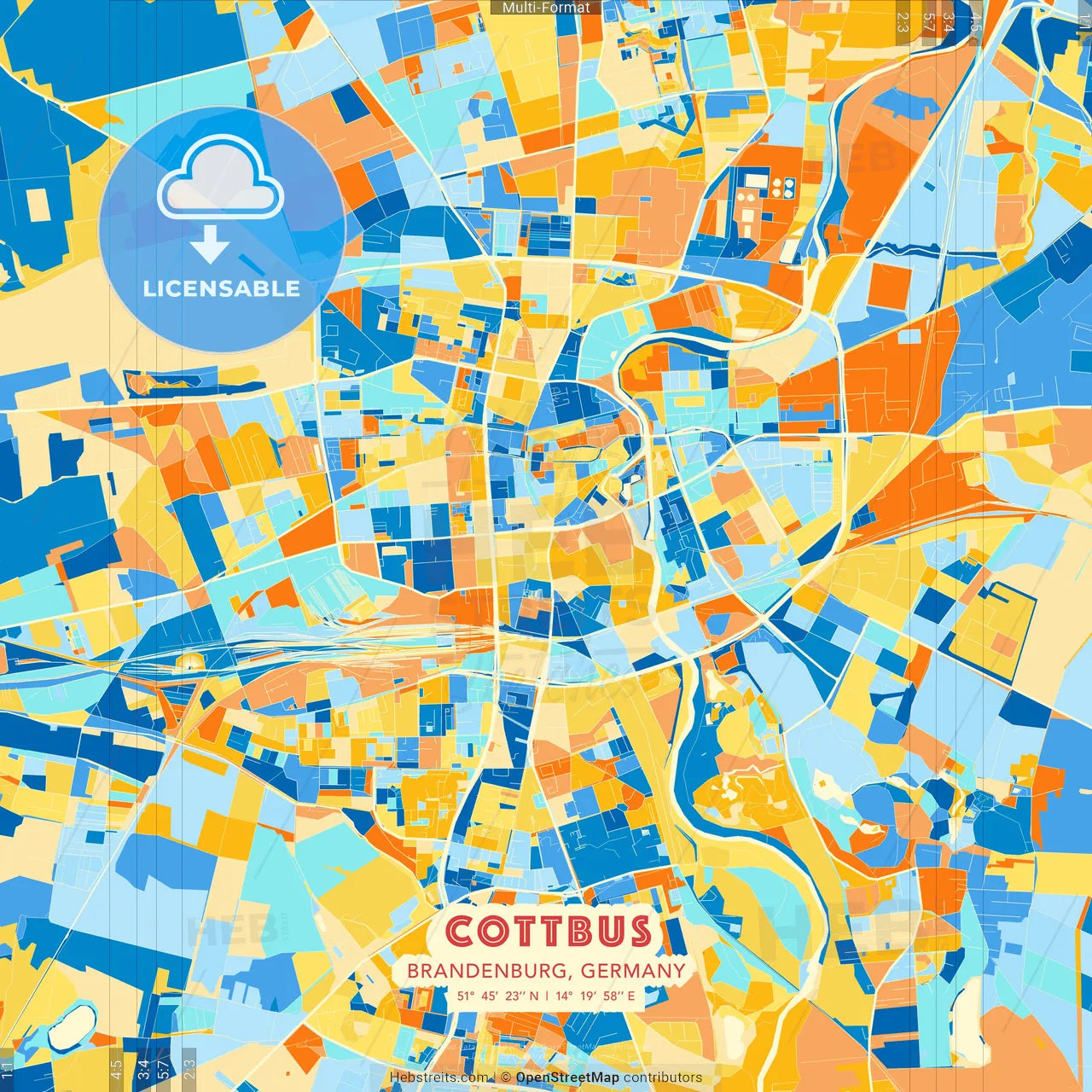 Cottbus, Brandenburg, Germany blue and orange vector art map template