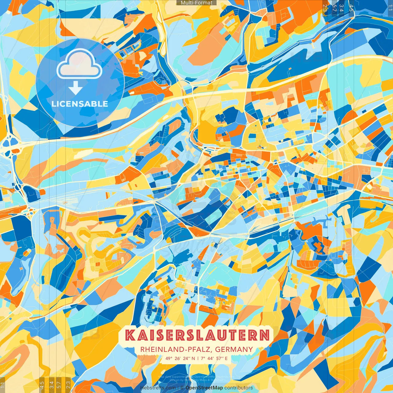 Kaiserslautern, Rheinland-Pfalz, Germany blue and orange vector art map template