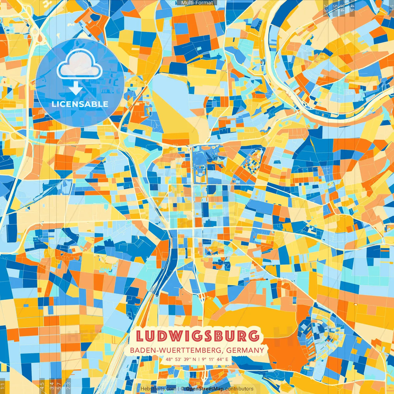 Ludwigsburg, Baden-Wuerttemberg, Germany blue and orange vector art map template