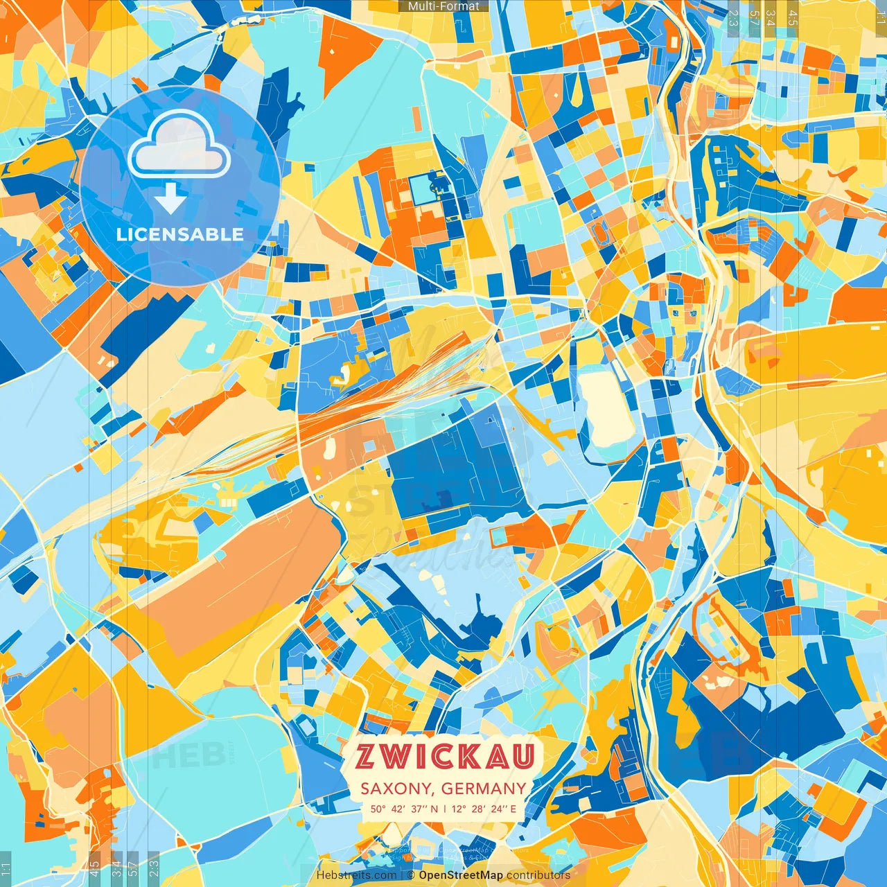Zwickau, Saxony, Germany blue and orange vector art map template