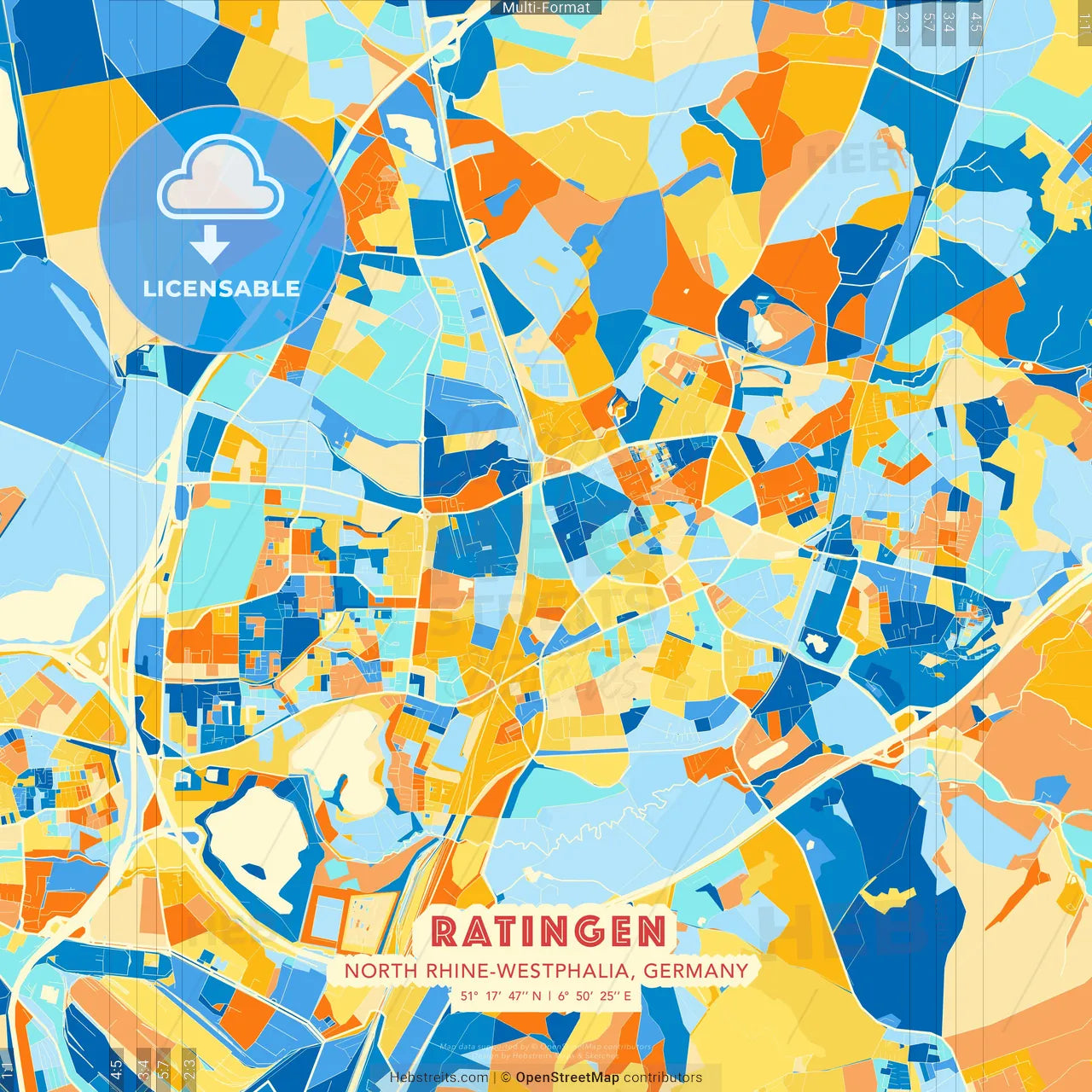 Ratingen, North Rhine-Westphalia, Germany blue and orange vector art map template