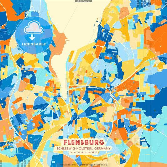 Flensburg, Schleswig-Holstein, Germany blue and orange vector art map template